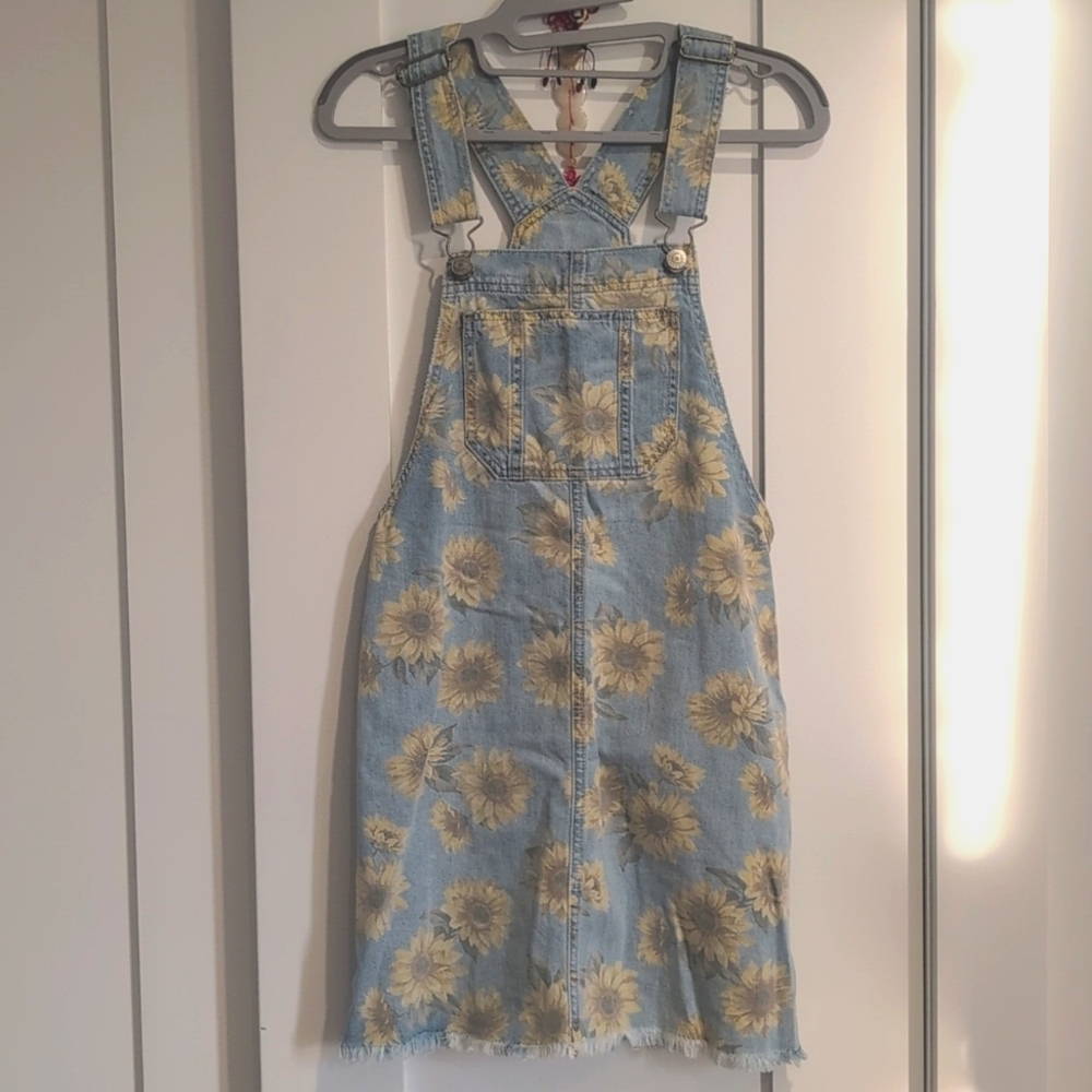 Sunflower Print American Eagle Overall Denim Mini Dress